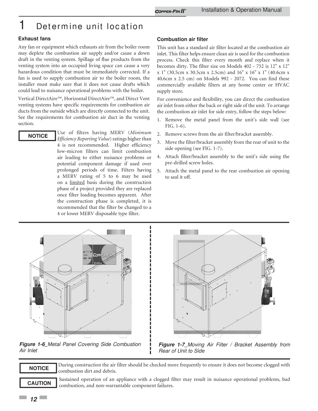 Lochinvar 402 - 2072 operation manual Exhaust fans, Combustion air filter 