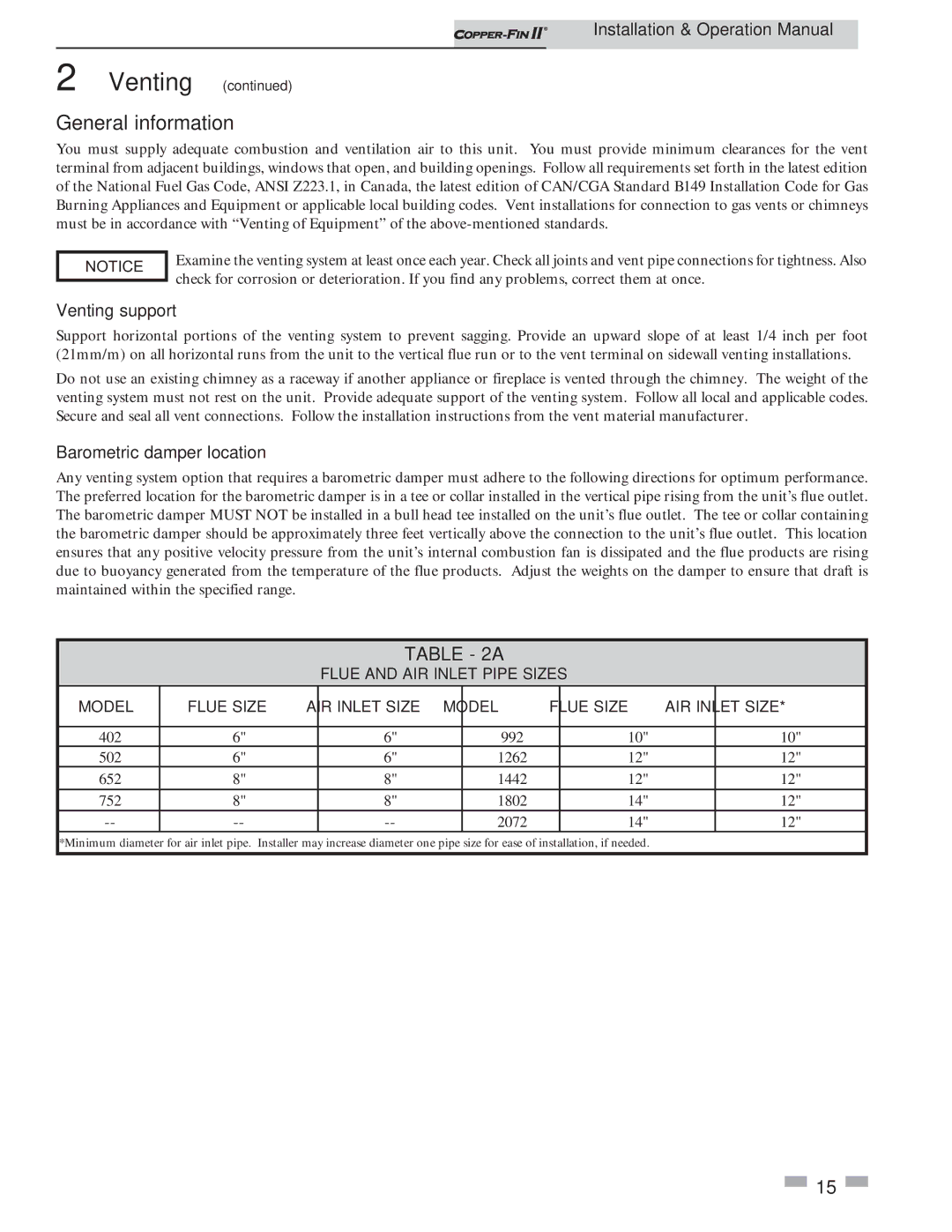 Lochinvar 402 - 2072 operation manual General information, Venting support, Barometric damper location 