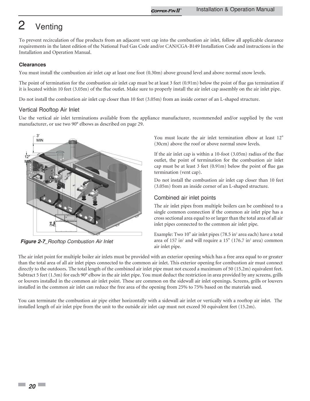 Lochinvar 402 - 2072 operation manual Vertical Rooftop Air Inlet, Combined air inlet points, Clearances 