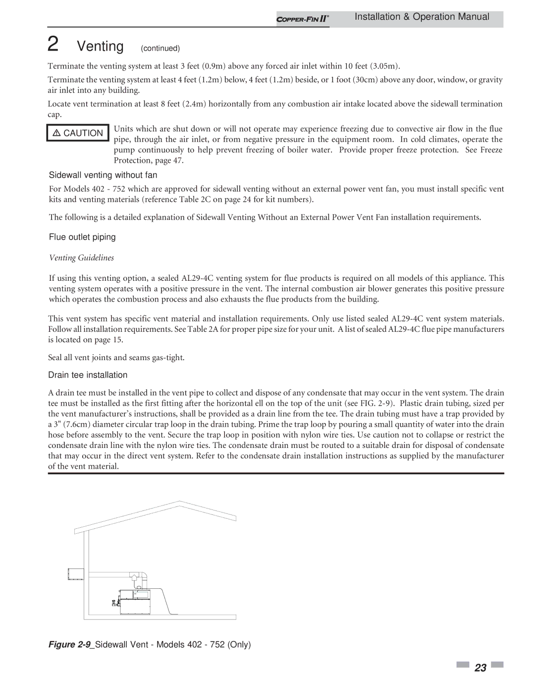 Lochinvar 402 - 2072 operation manual Sidewall venting without fan, Drain tee installation 