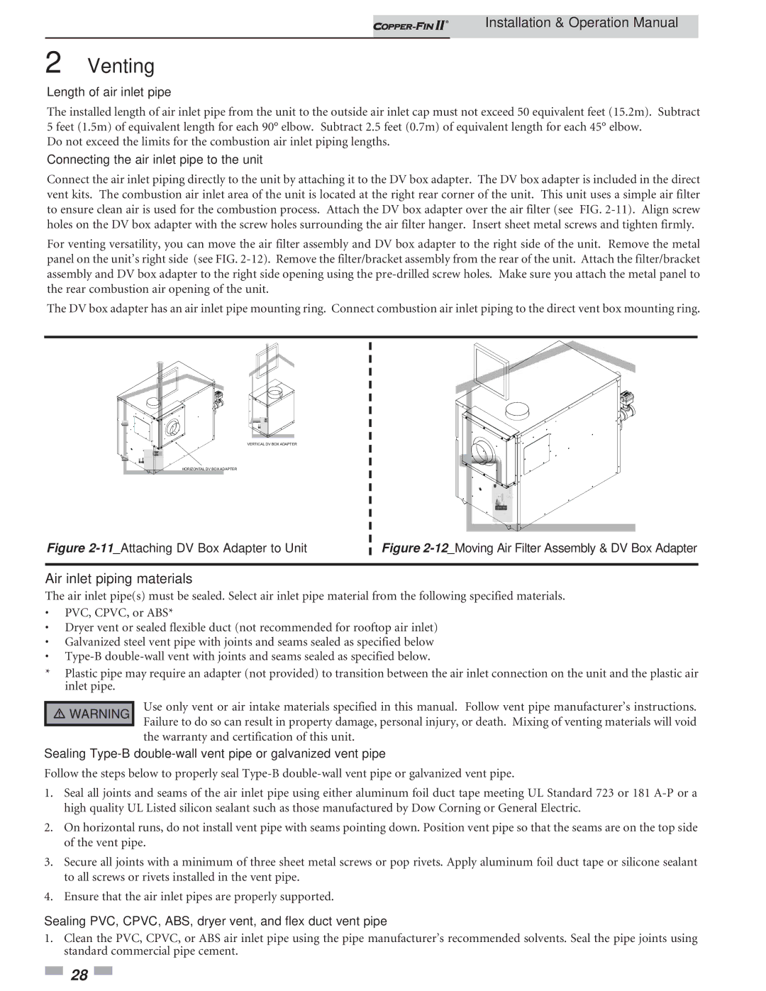 Lochinvar 402 - 2072 Air inlet piping materials, Length of air inlet pipe, Connecting the air inlet pipe to the unit 