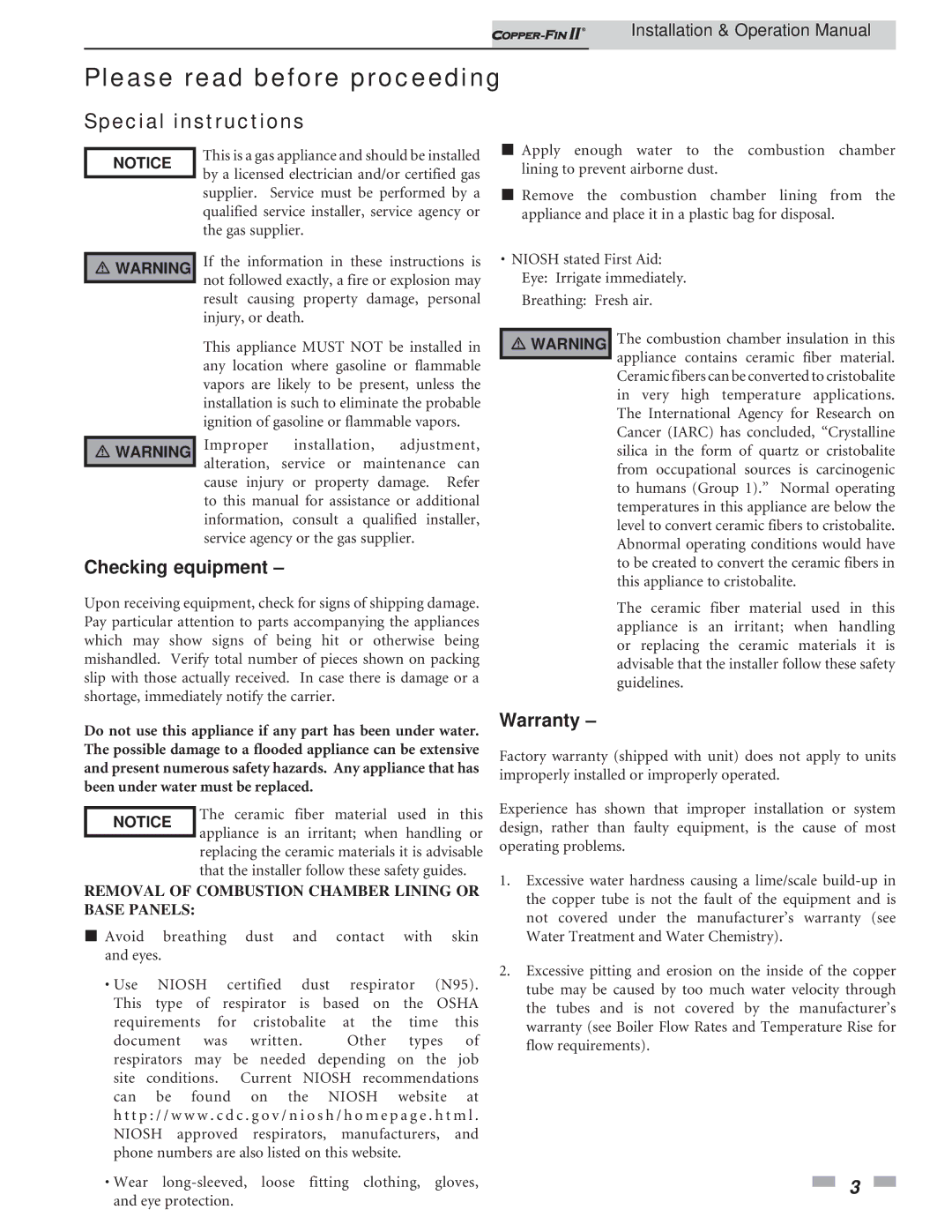 Lochinvar 402 - 2072 operation manual Please read before proceeding, Special instructions 