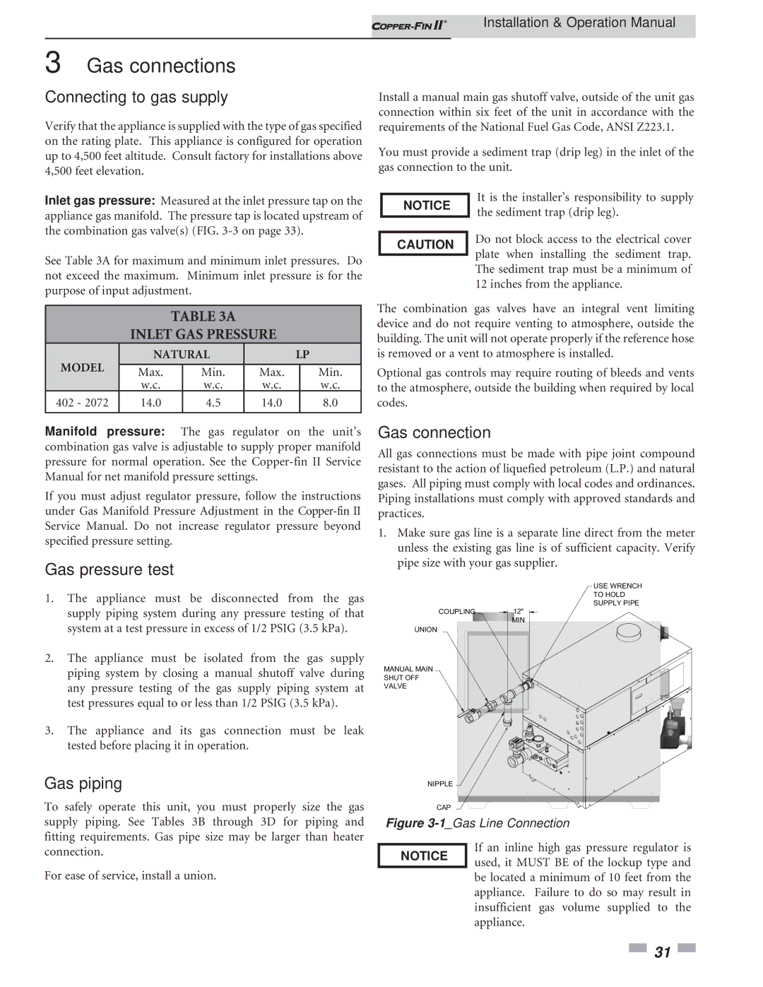 Lochinvar 402 - 2072 operation manual Gas connections, Connecting to gas supply, Gas pressure test, Gas piping 