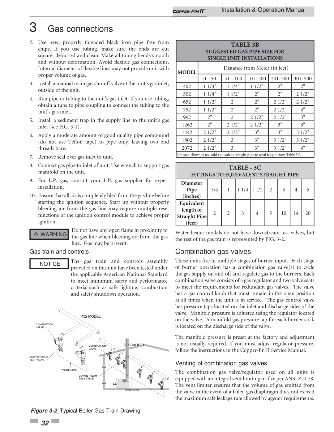 Lochinvar 402 - 2072 operation manual Combination gas valves, Gas train and controls, Venting of combination gas valves 