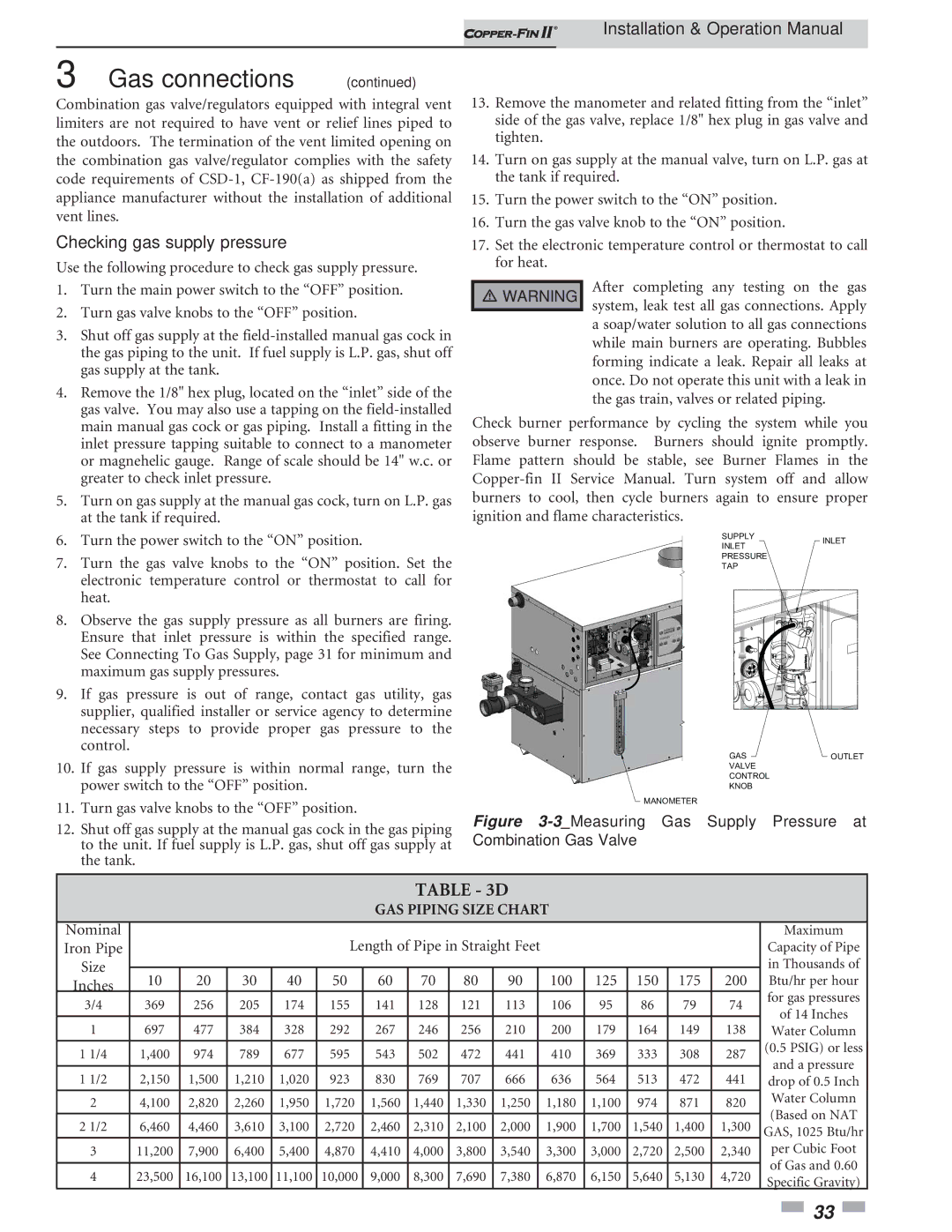 Lochinvar 402 - 2072 operation manual Checking gas supply pressure, GAS Piping Size Chart 