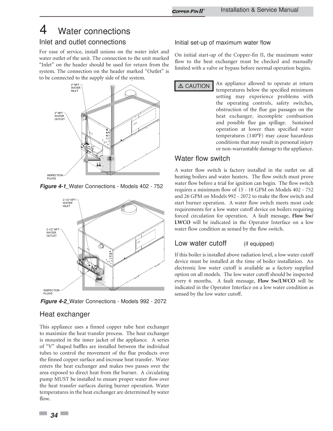 Lochinvar 402 - 2072 operation manual Water connections, Inlet and outlet connections, Heat exchanger, Water flow switch 