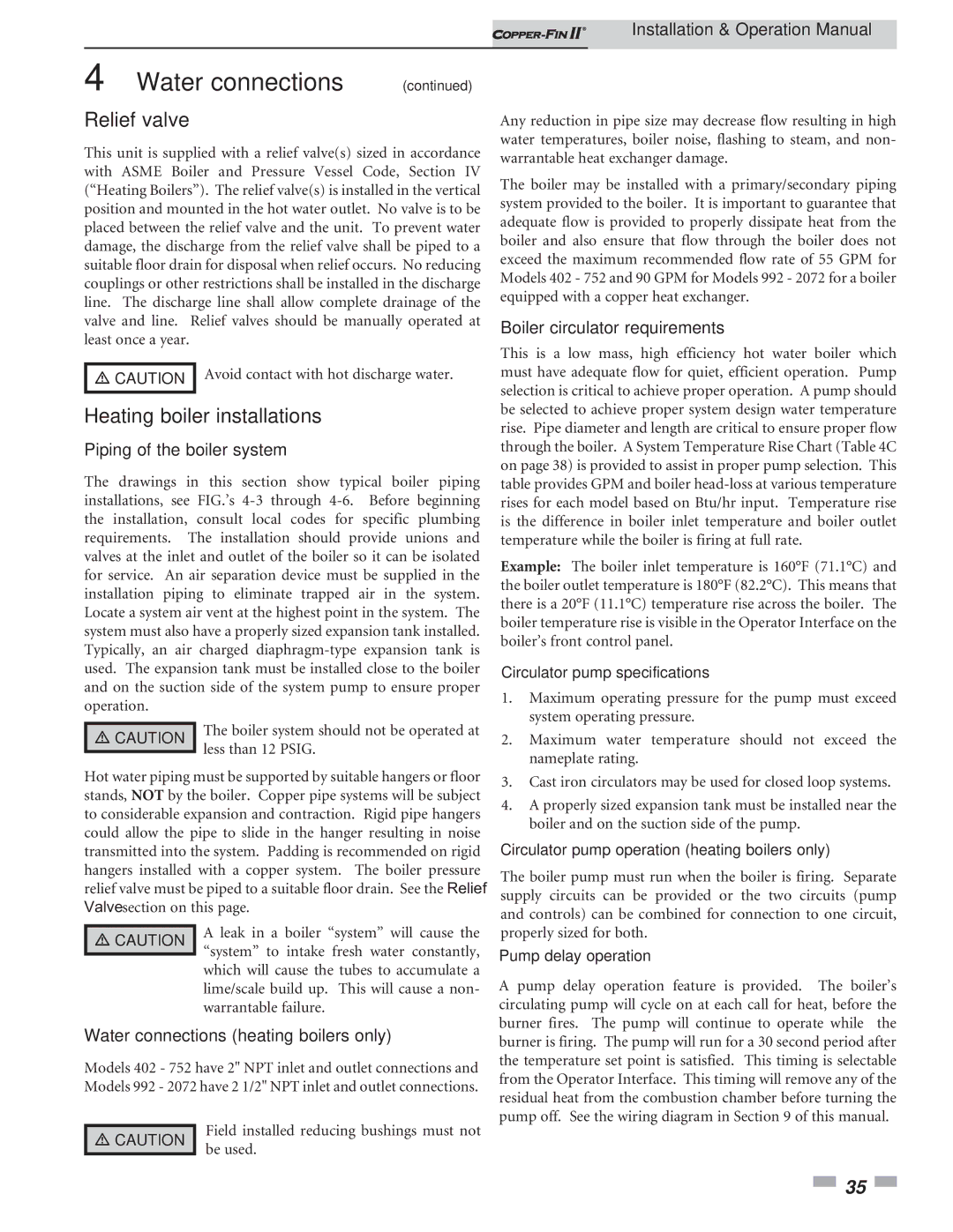 Lochinvar 402 - 2072 operation manual Relief valve, Heating boiler installations, Piping of the boiler system 