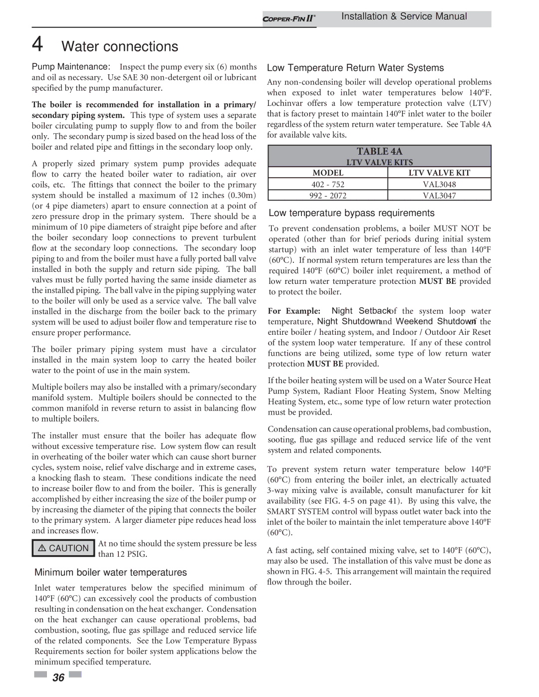 Lochinvar 402 - 2072 operation manual Minimum boiler water temperatures, Low Temperature Return Water Systems 