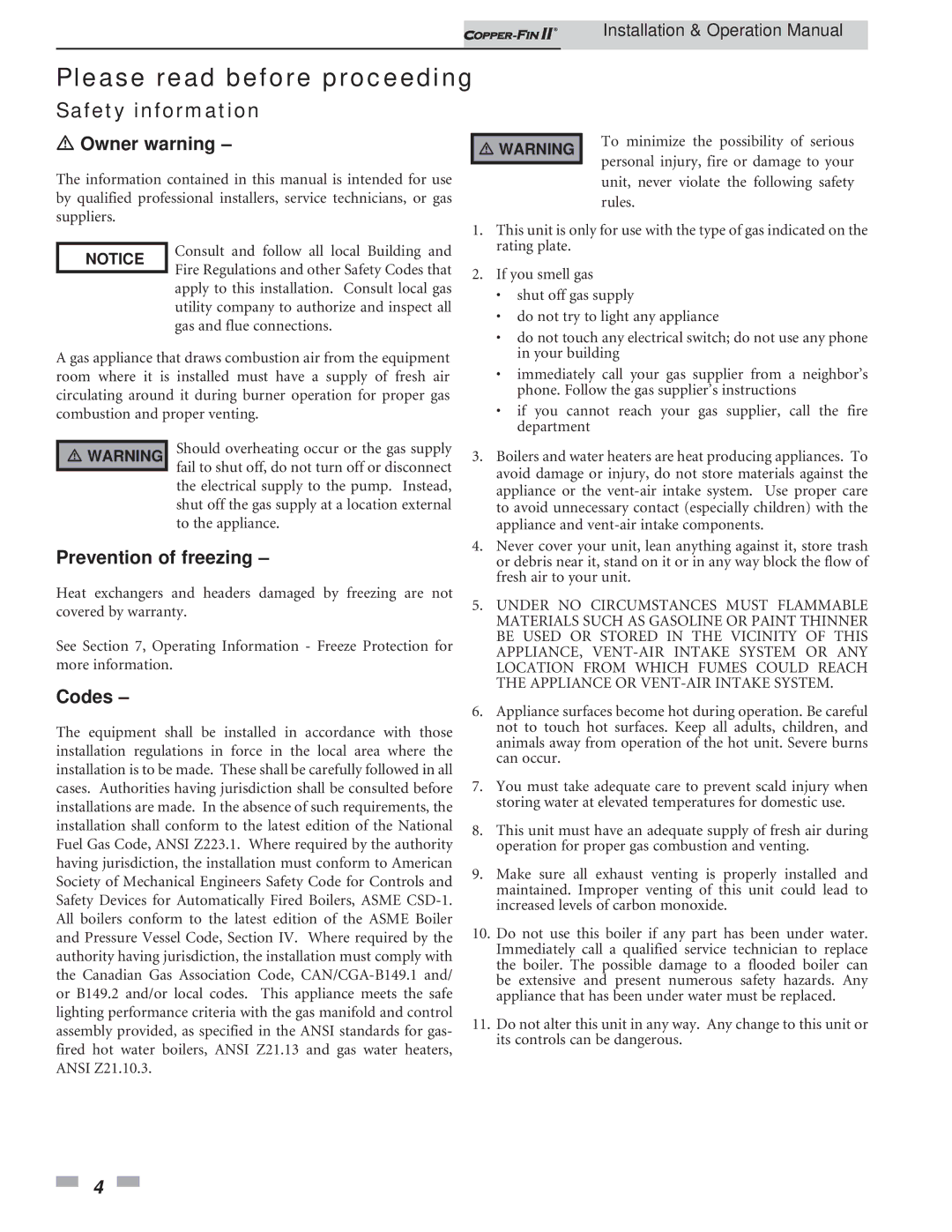 Lochinvar 402 - 2072 operation manual Safety information, Owner warning 