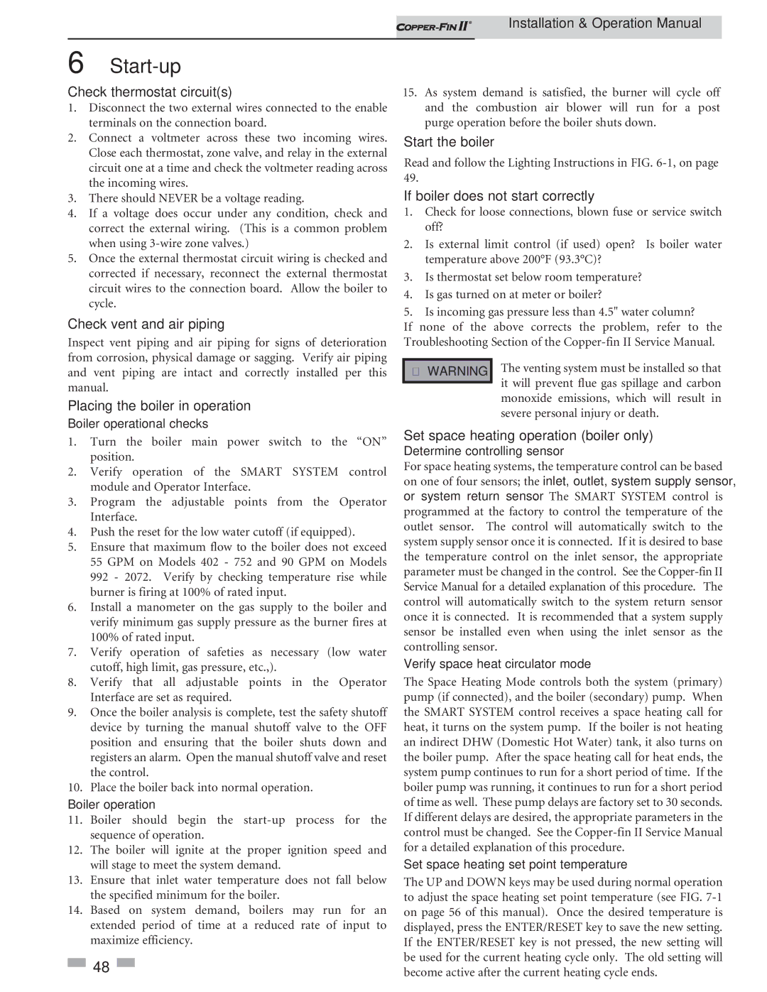 Lochinvar 402 - 2072 operation manual Check thermostat circuits, Check vent and air piping, Placing the boiler in operation 