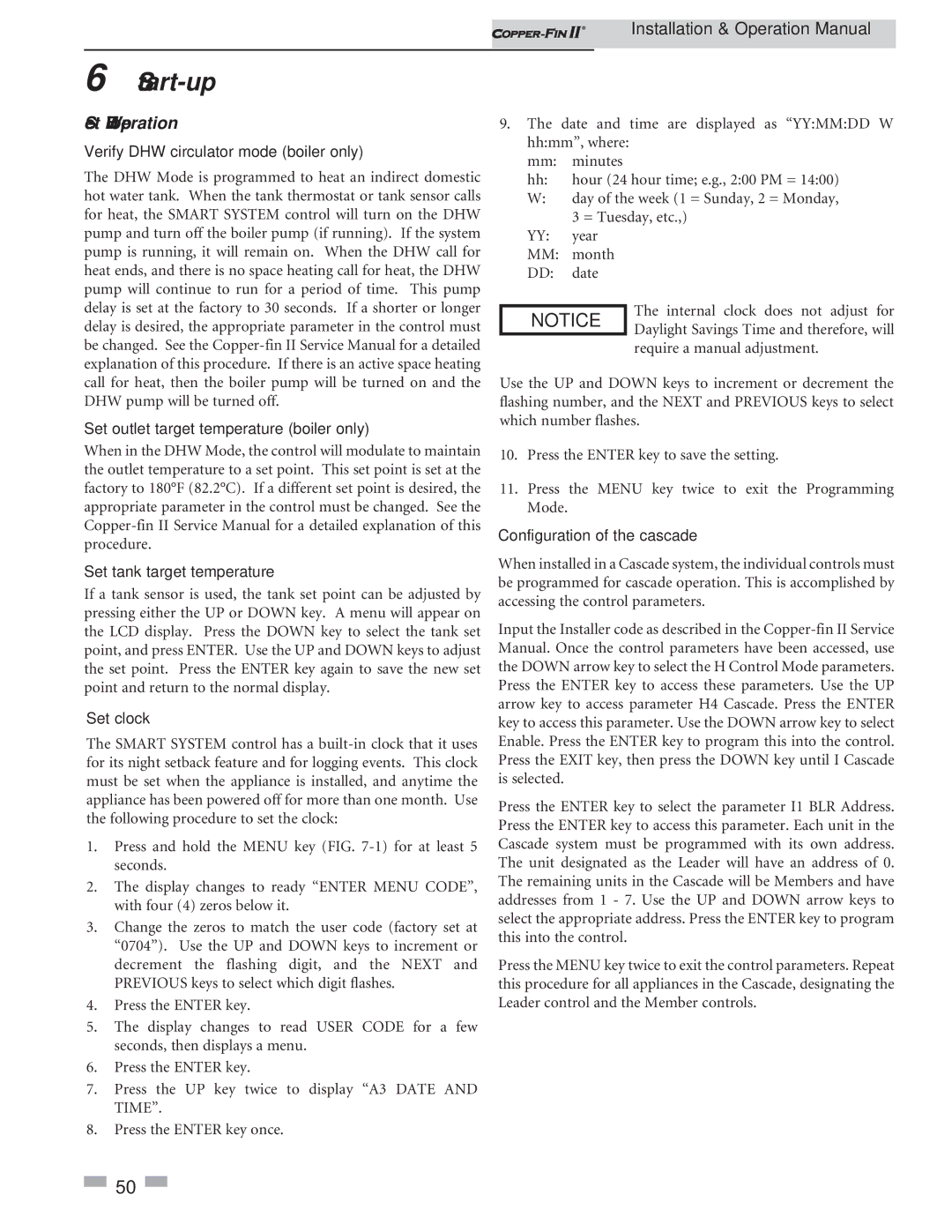 Lochinvar 402 - 2072 operation manual Set DHW operation, Set clock, Configuration of the cascade 