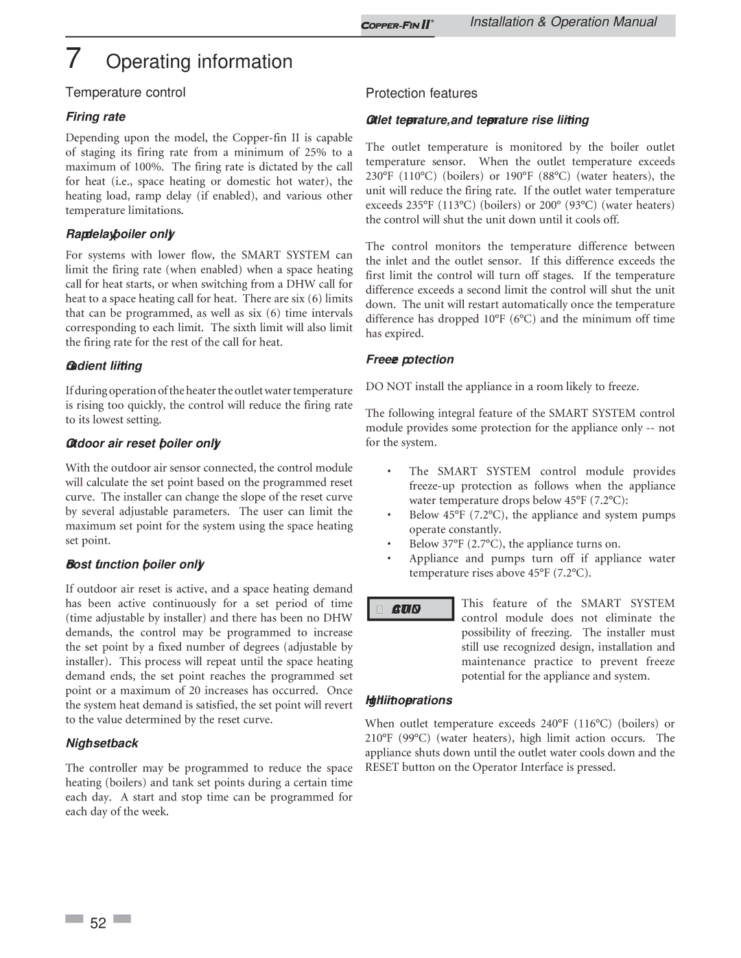 Lochinvar 402 - 2072 operation manual Temperature control, Protection features 