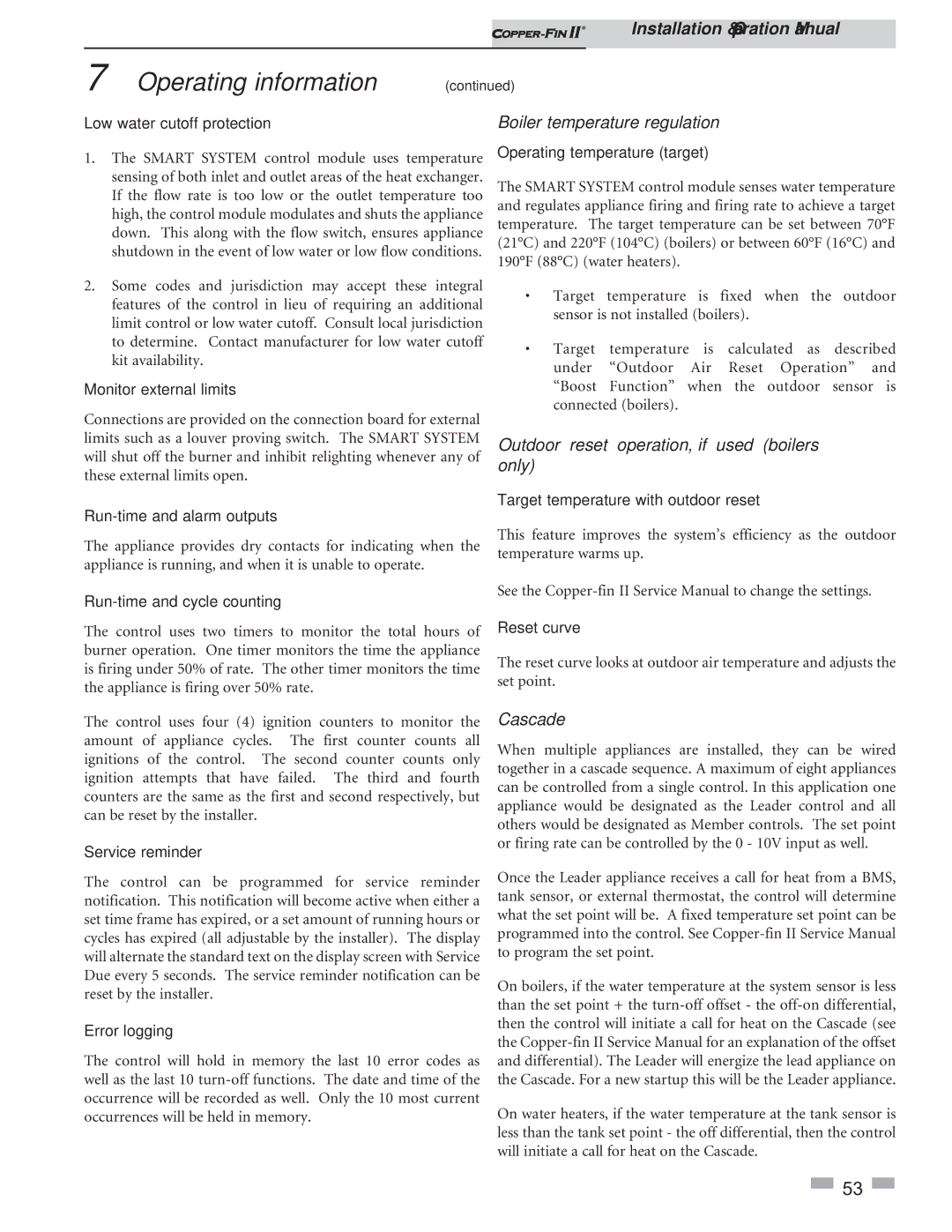 Lochinvar 402 - 2072 operation manual Boiler temperature regulation, Outdoor reset operation, if used boilers only, Cascade 