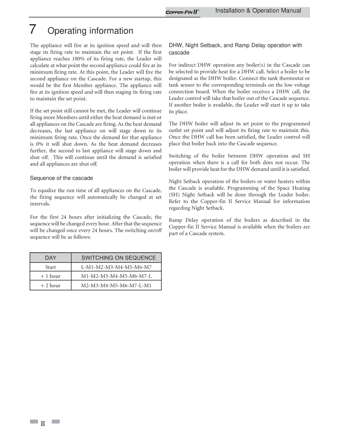 Lochinvar 402 - 2072 operation manual Sequence of the cascade, DHW, Night Setback, and Ramp Delay operation with cascade 