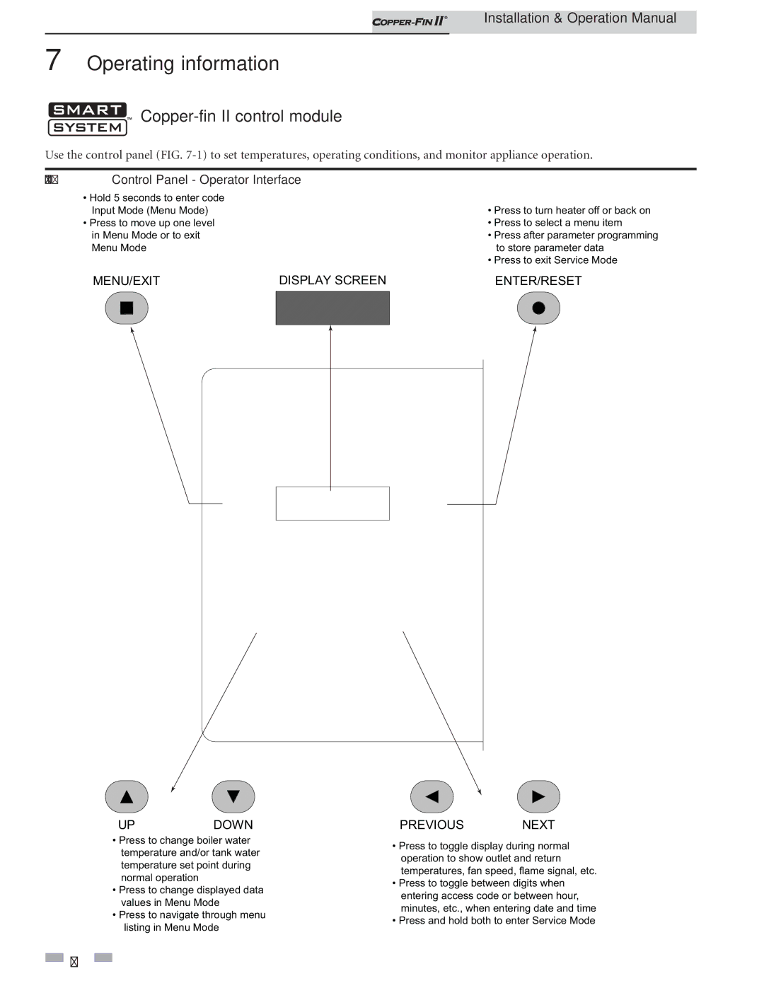 Lochinvar 402 - 2072 operation manual Copper-fin II control module, MENU/EXIT Display Screen ENTER/RESET Updown 