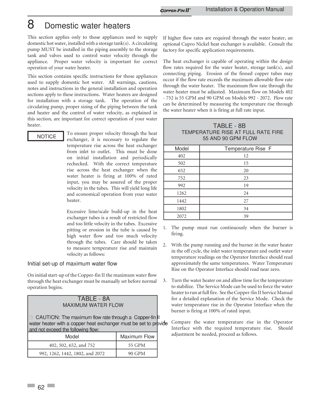 Lochinvar 402 - 2072 Domestic water heaters, Maximum Water Flow, Model Maximum Flow, Model Temperature Rise F 