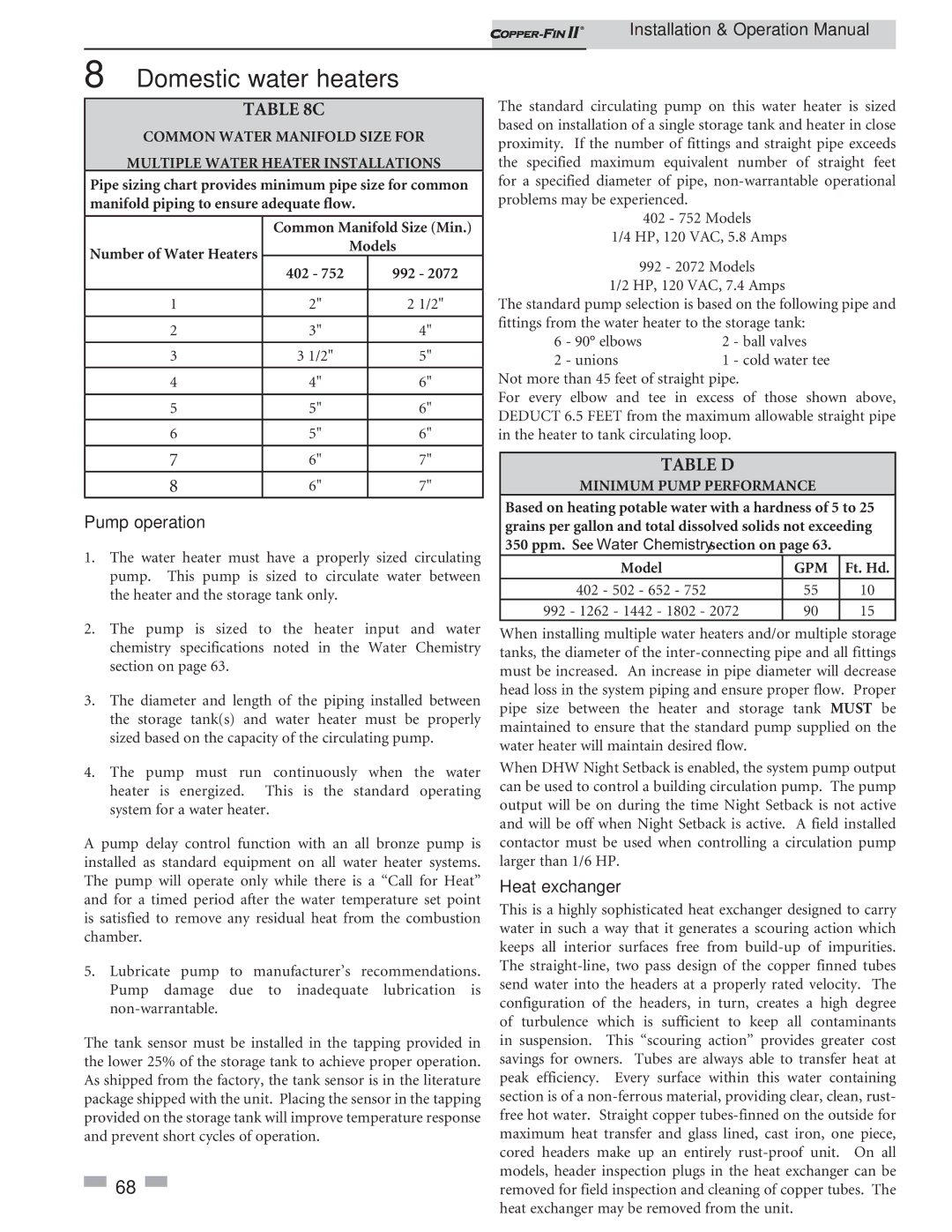 Lochinvar 402 - 2072 operation manual Pump operation, Heat exchanger, Minimum Pump Performance, Ft. Hd 