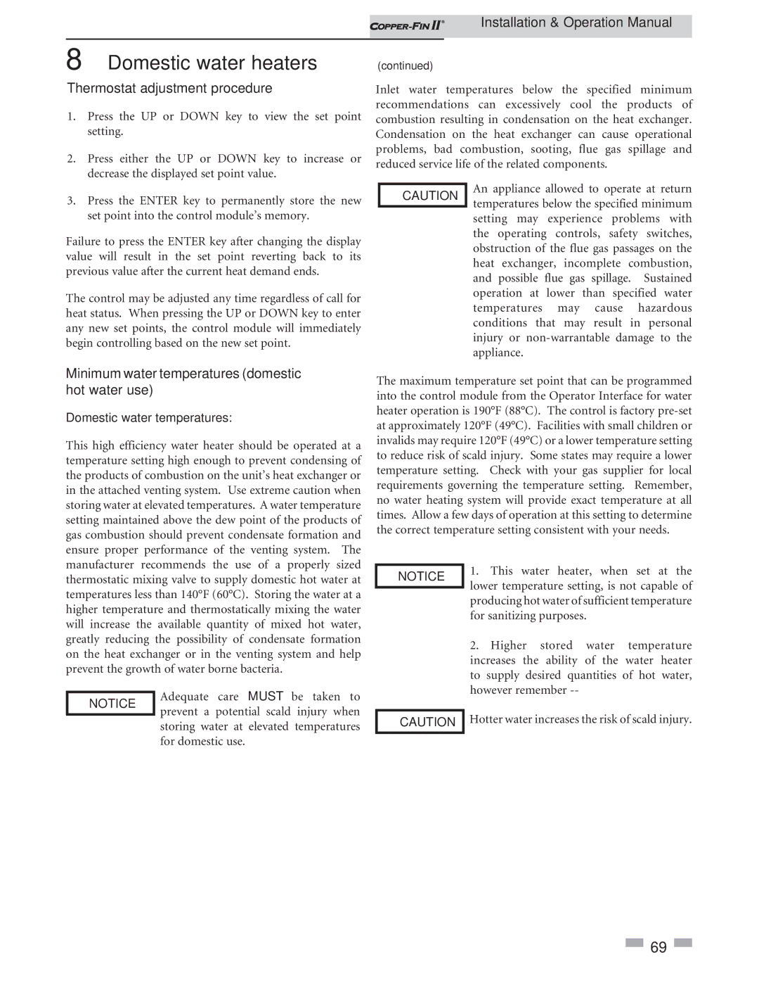 Lochinvar 402 - 2072 operation manual Thermostat adjustment procedure, Minimum water temperatures domestic hot water use 