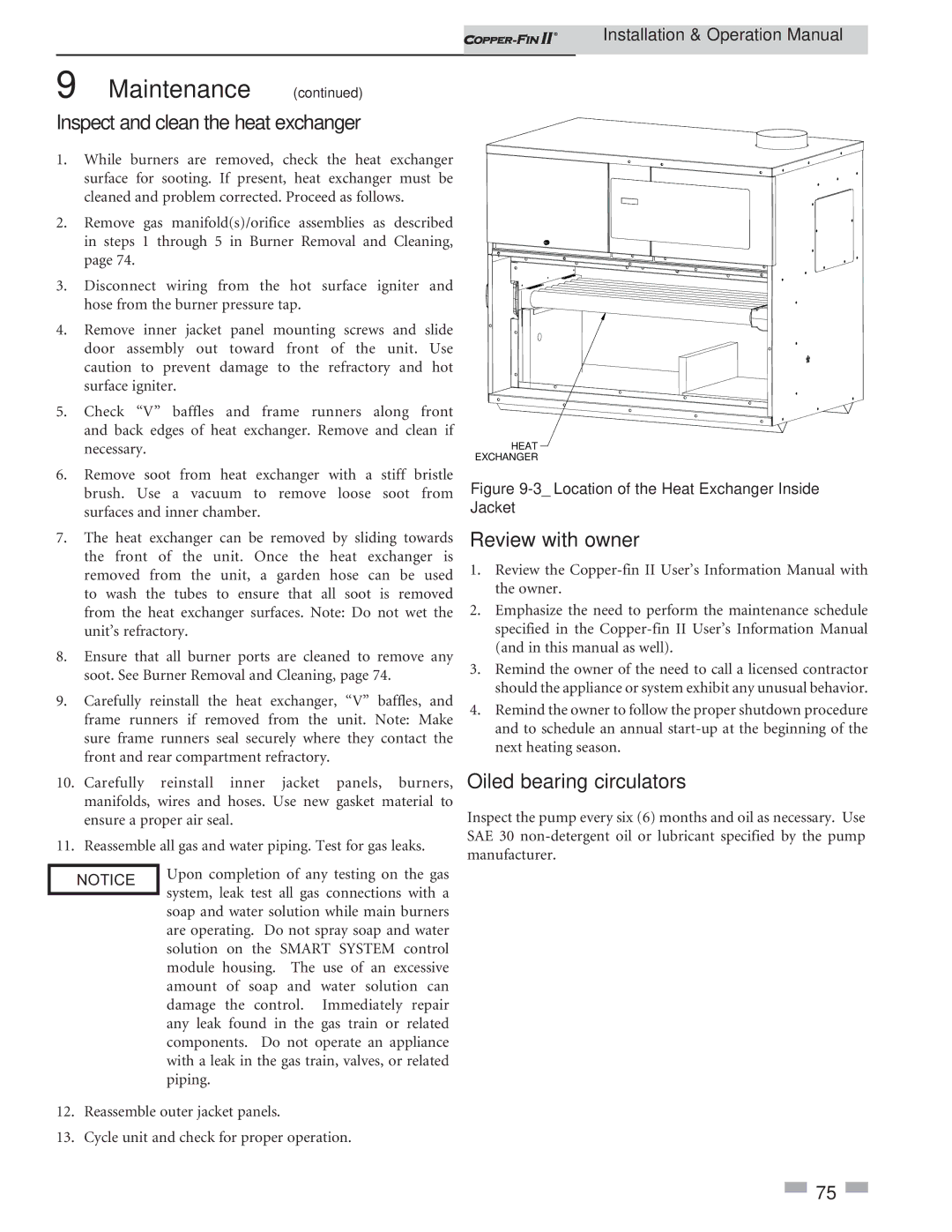 Lochinvar 402 - 2072 operation manual Inspect and clean the heat exchanger, Review with owner, Oiled bearing circulators 