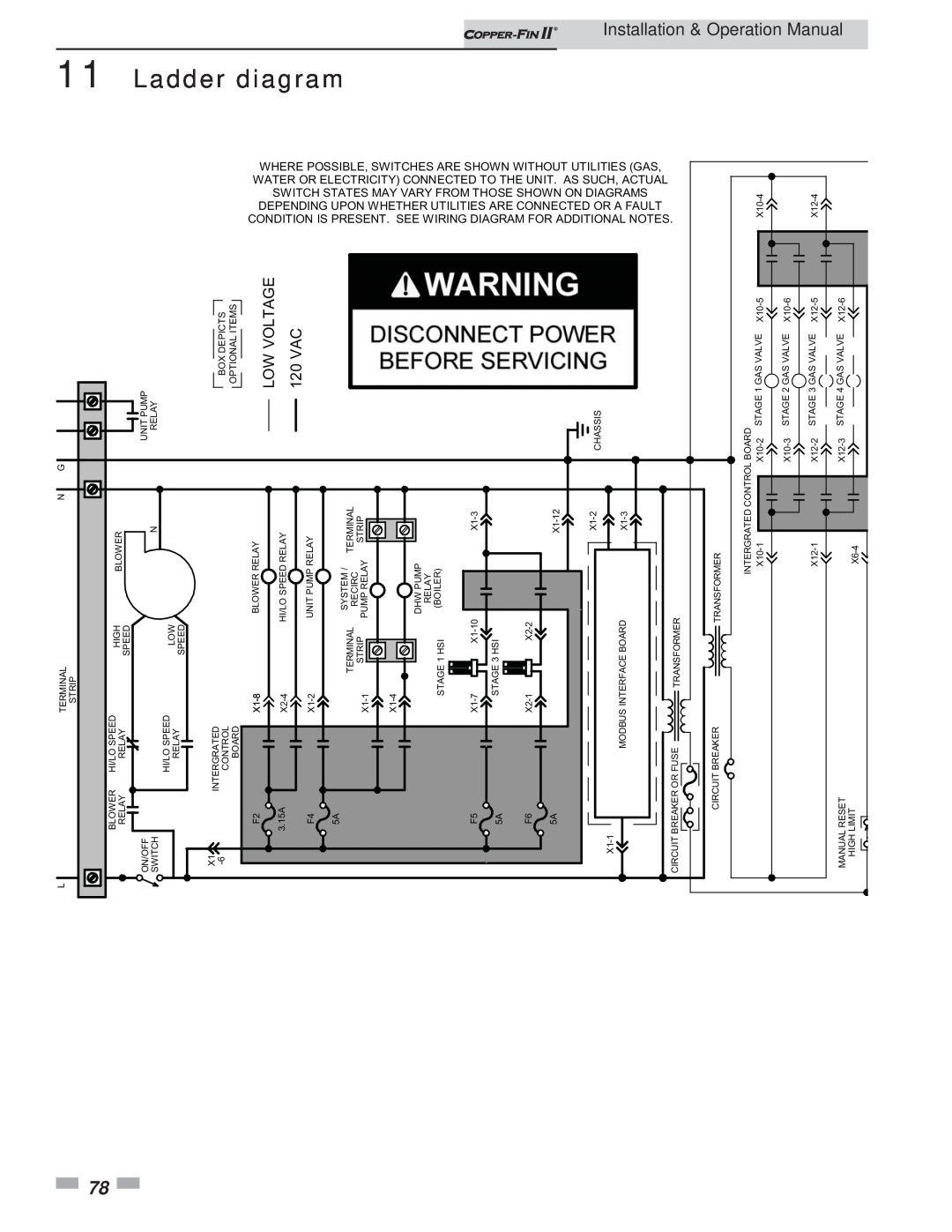 Lochinvar 402 - 2072 operation manual Ladder, diagram, Installation, Manual, Low Voltage, 120 VAC, Operation 