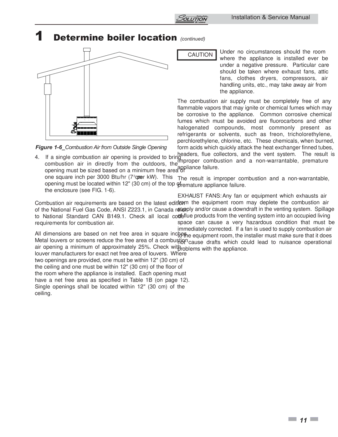 Lochinvar 000 - 260, 45, 000 Btu/hr service manual 6Combustion Air from Outside Single Opening 