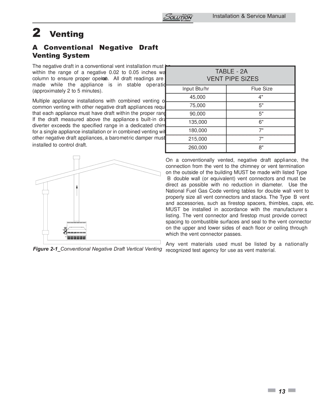 Lochinvar 000 Btu/hr, 45, 000 - 260 service manual Conventional Negative Draft Venting System, Vent Pipe Sizes 