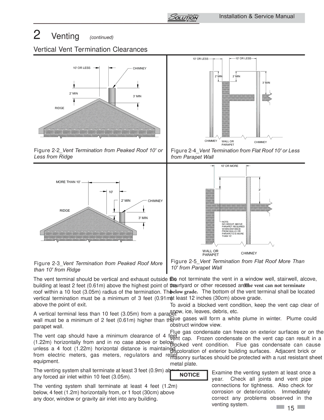 Lochinvar 45, 000 Btu/hr, 000 - 260 service manual Vertical Vent Termination Clearances, Less from Ridge From Parapet Wall 