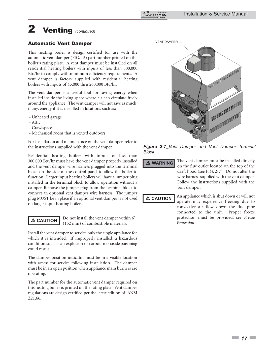 Lochinvar 000 - 260, 45, 000 Btu/hr service manual Automatic Vent Damper, 7Vent Damper and Vent Damper Terminal Block 