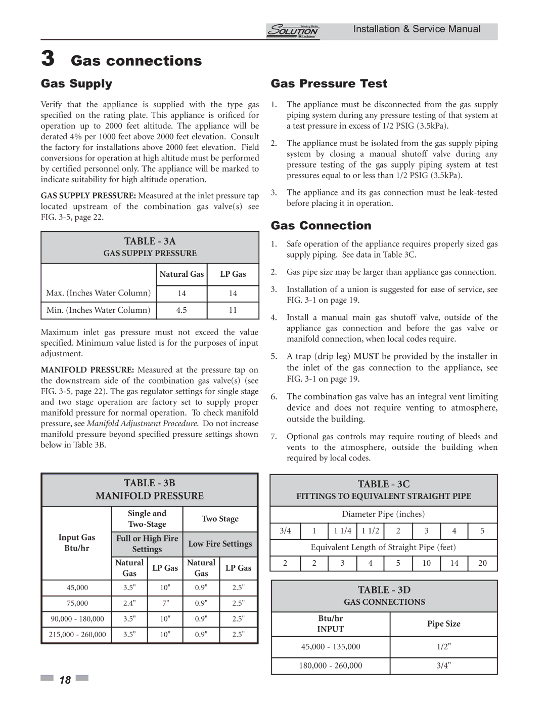 Lochinvar 45, 000 Btu/hr, 000 - 260 service manual Gas connections, Gas Supply Gas Pressure Test, Gas Connection 