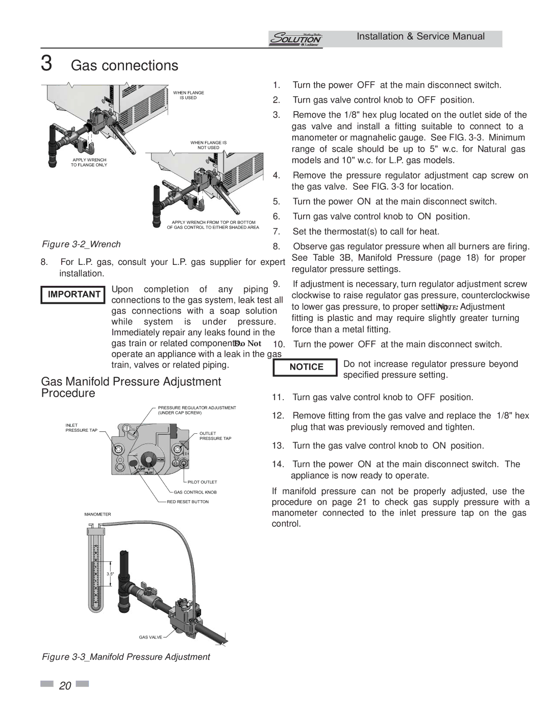 Lochinvar 000 - 260, 45, 000 Btu/hr service manual Gas Manifold Pressure Adjustment Procedure, 2Wrench 