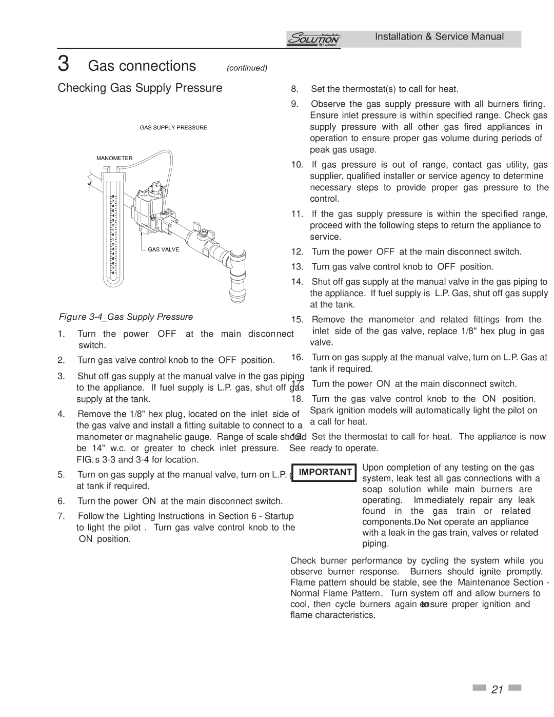 Lochinvar 45, 000 Btu/hr, 000 - 260 service manual Checking Gas Supply Pressure, 4Gas Supply Pressure 