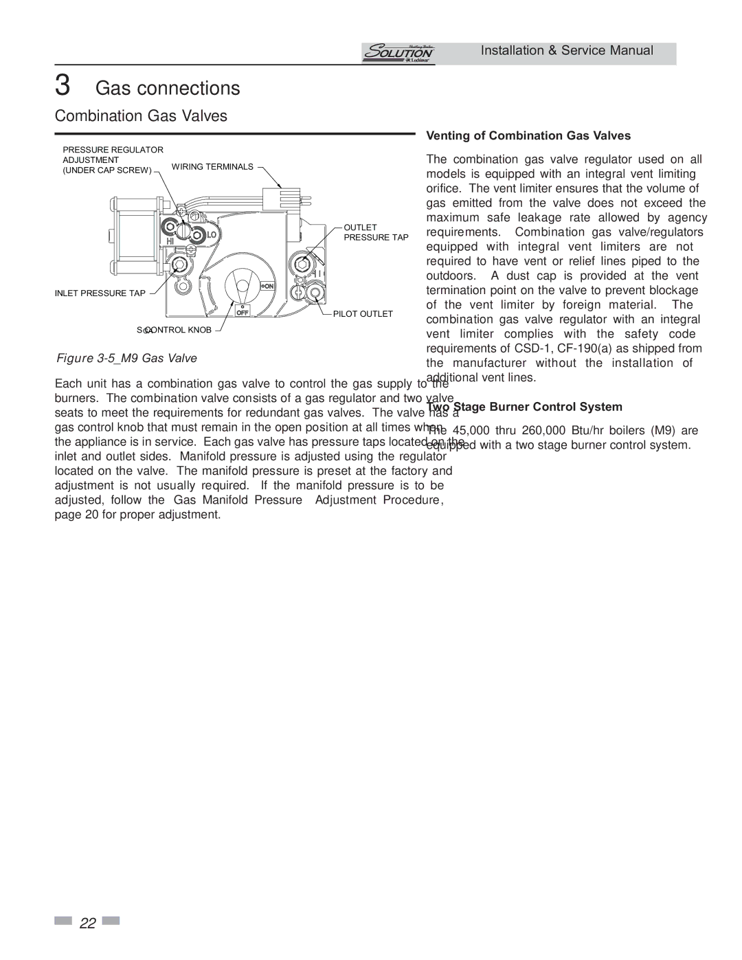 Lochinvar 000 Btu/hr, 45, 000 - 260 service manual Venting of Combination Gas Valves, Two Stage Burner Control System 