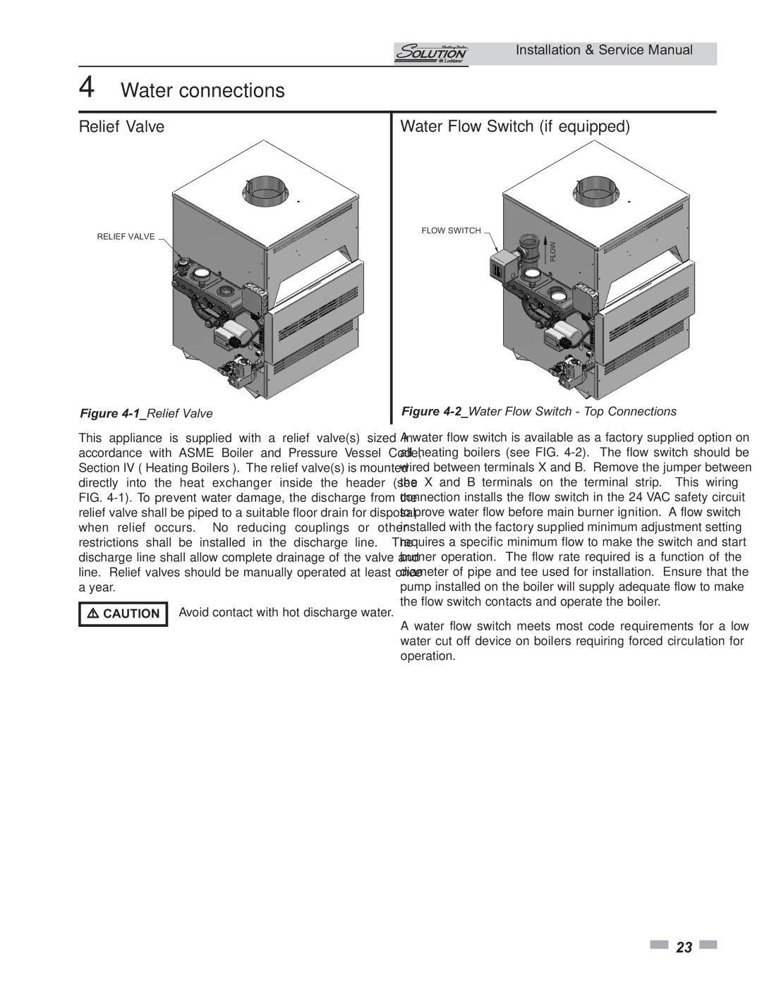 Lochinvar 000 - 260, 45, 000 Btu/hr service manual Water connections, Relief Valve, Water Flow Switch if equipped 