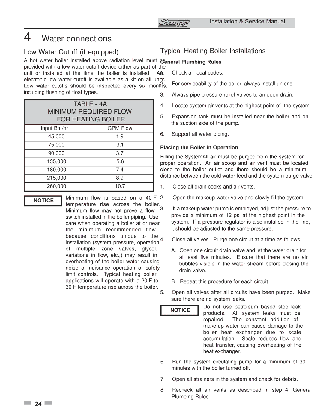 Lochinvar 45 Low Water Cutoff if equipped, Typical Heating Boiler Installations, Minimum Required Flow For Heating Boiler 