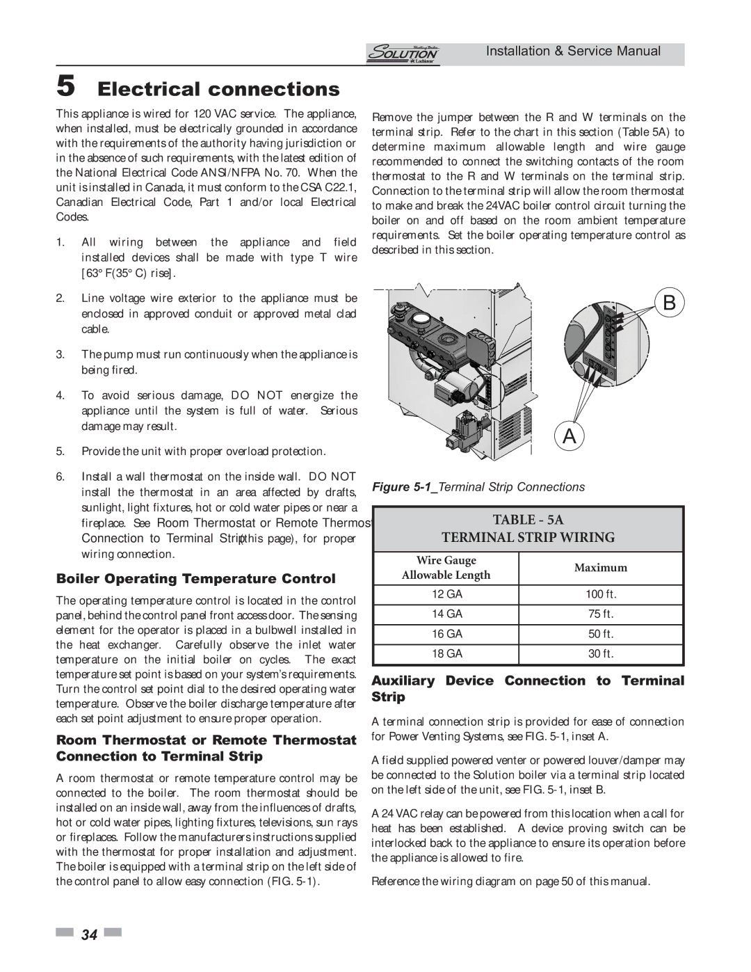 Lochinvar 000 Btu/hr, 45, 000 - 260 Electrical connections, Terminal Strip Wiring, Boiler Operating Temperature Control 