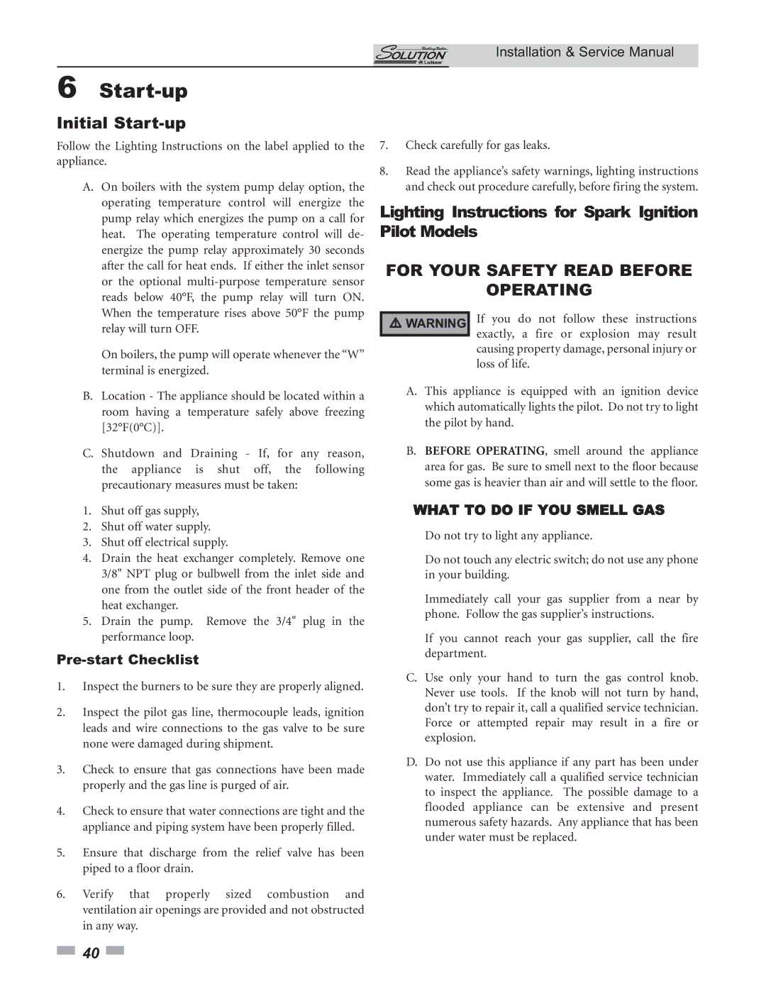 Lochinvar 000 Btu/hr, 45 Initial Start-up, Lighting Instructions for Spark Ignition Pilot Models, Pre-start Checklist 