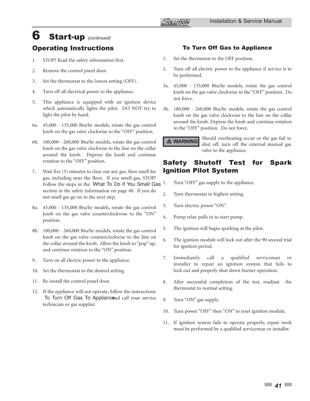 Lochinvar 000 - 260, 45, 000 Btu/hr Operating Instructions, Safety Shutoff Test for Spark Ignition Pilot System 