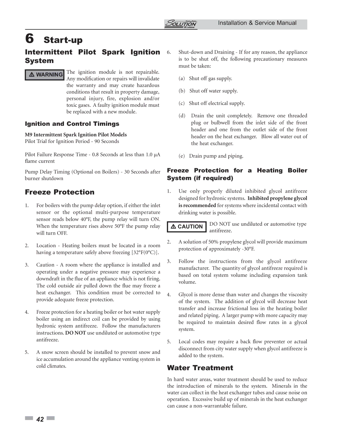 Lochinvar 45 Intermittent Pilot Spark Ignition System, Freeze Protection, Water Treatment, Ignition and Control Timings 