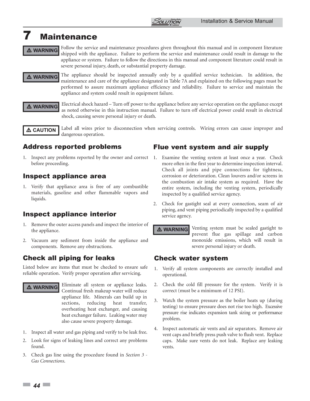 Lochinvar 000 - 260, 45, 000 Btu/hr service manual Maintenance 