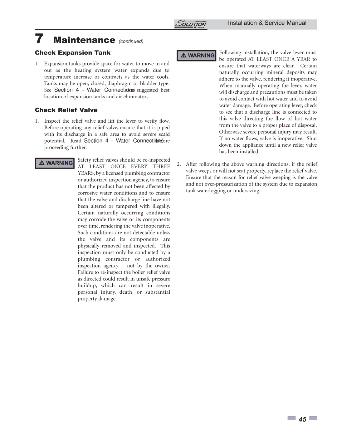 Lochinvar 45, 000 Btu/hr, 000 - 260 service manual Check Expansion Tank, Check Relief Valve 