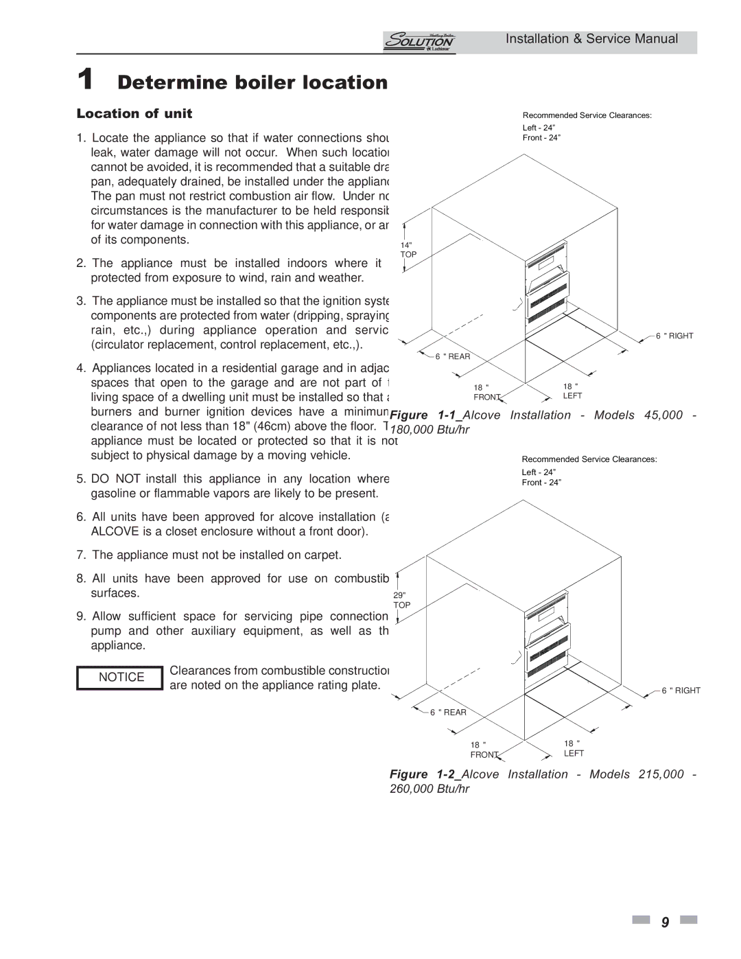 Lochinvar 45, 000 Btu/hr, 000 - 260 service manual Determine boiler location, Location of unit 