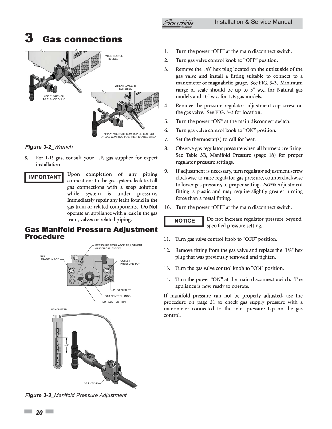 Lochinvar 000 - 260 Gas Manifold Pressure Adjustment Procedure, 3Gas connections, 2 Wrench, 3 ManifoldPressure Adjustment 