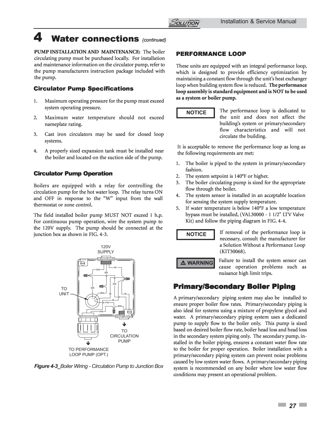 Lochinvar 45 Primary/Secondary Boiler Piping, Circulator Pump Specifications, Circulator Pump Operation, Performance Loop 
