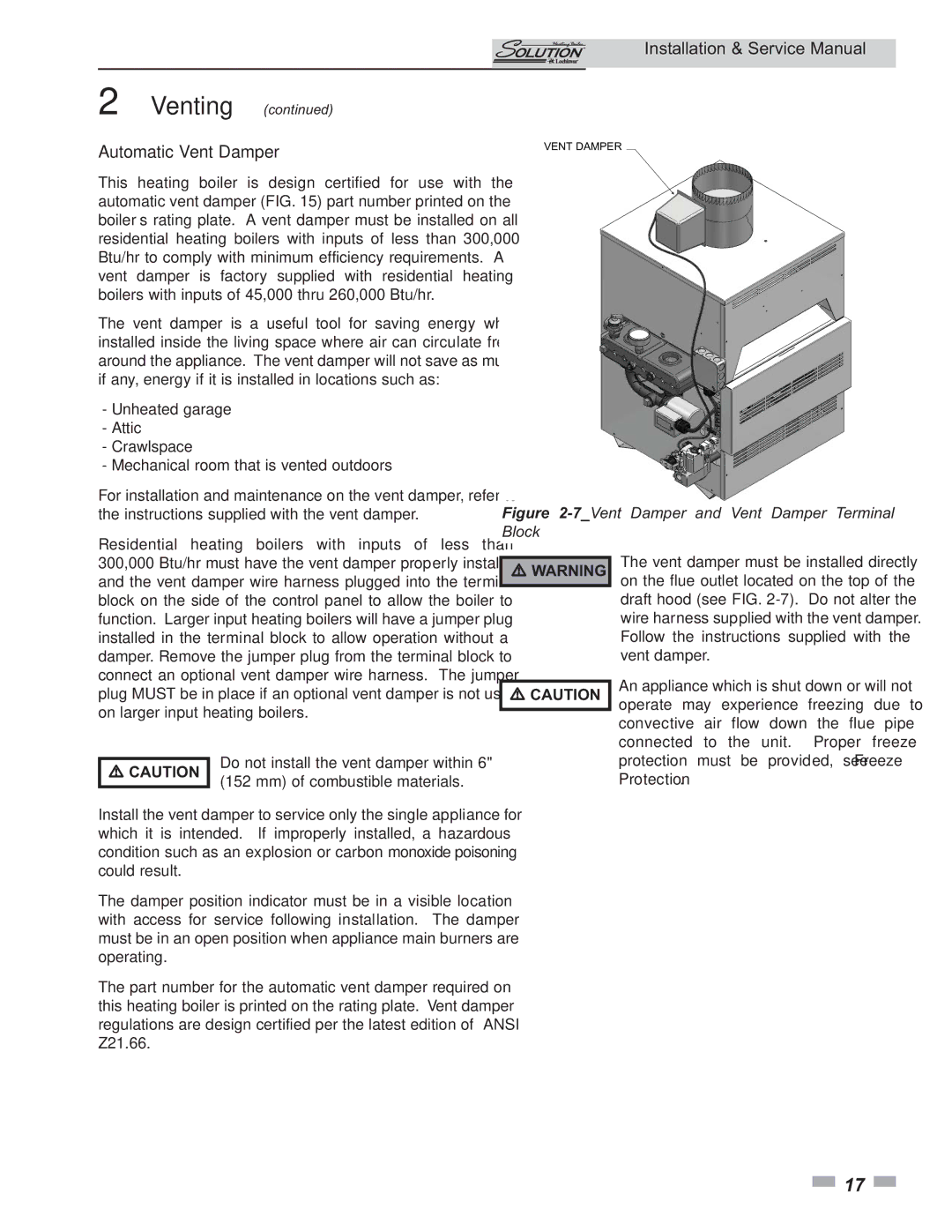 Lochinvar 45,000 - 260,000 BTU/HR service manual Automatic Vent Damper, 7Vent Damper and Vent Damper Terminal Block 