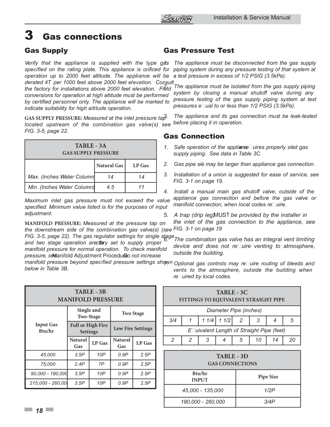 Lochinvar 45,000 - 260,000 BTU/HR service manual Gas connections, Gas Supply Gas Pressure Test, Gas Connection 