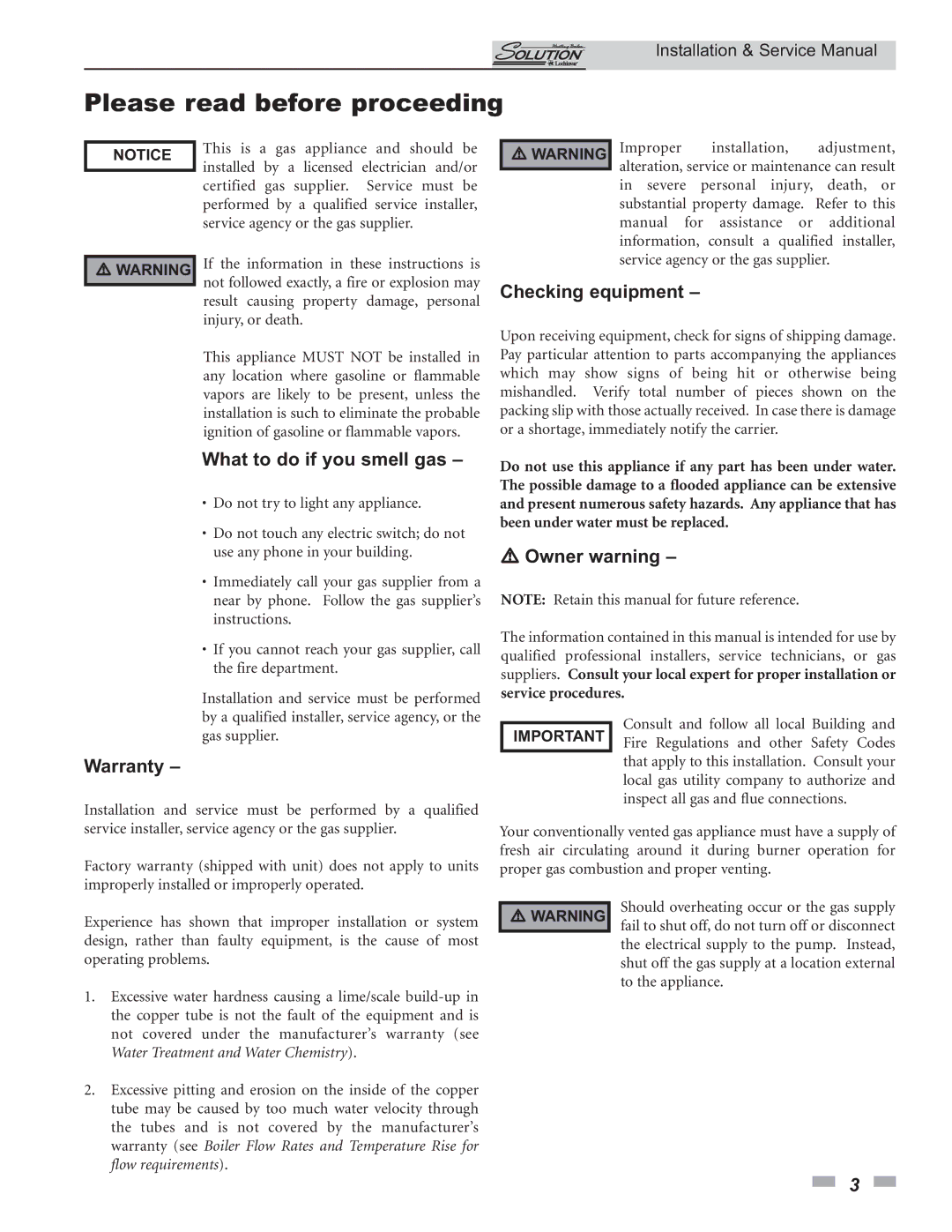 Lochinvar 45,000 - 260,000 BTU/HR service manual Please read before proceeding, Warranty 