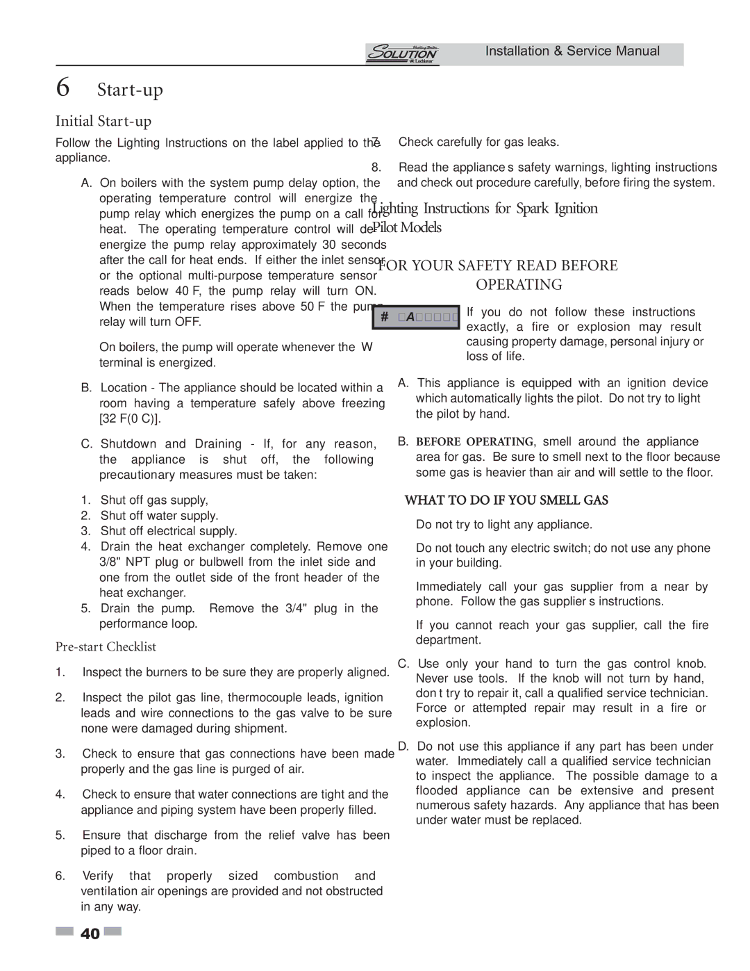 Lochinvar 45,000 - 260,000 BTU/HR Initial Start-up, Lighting Instructions for Spark Ignition Pilot Models 