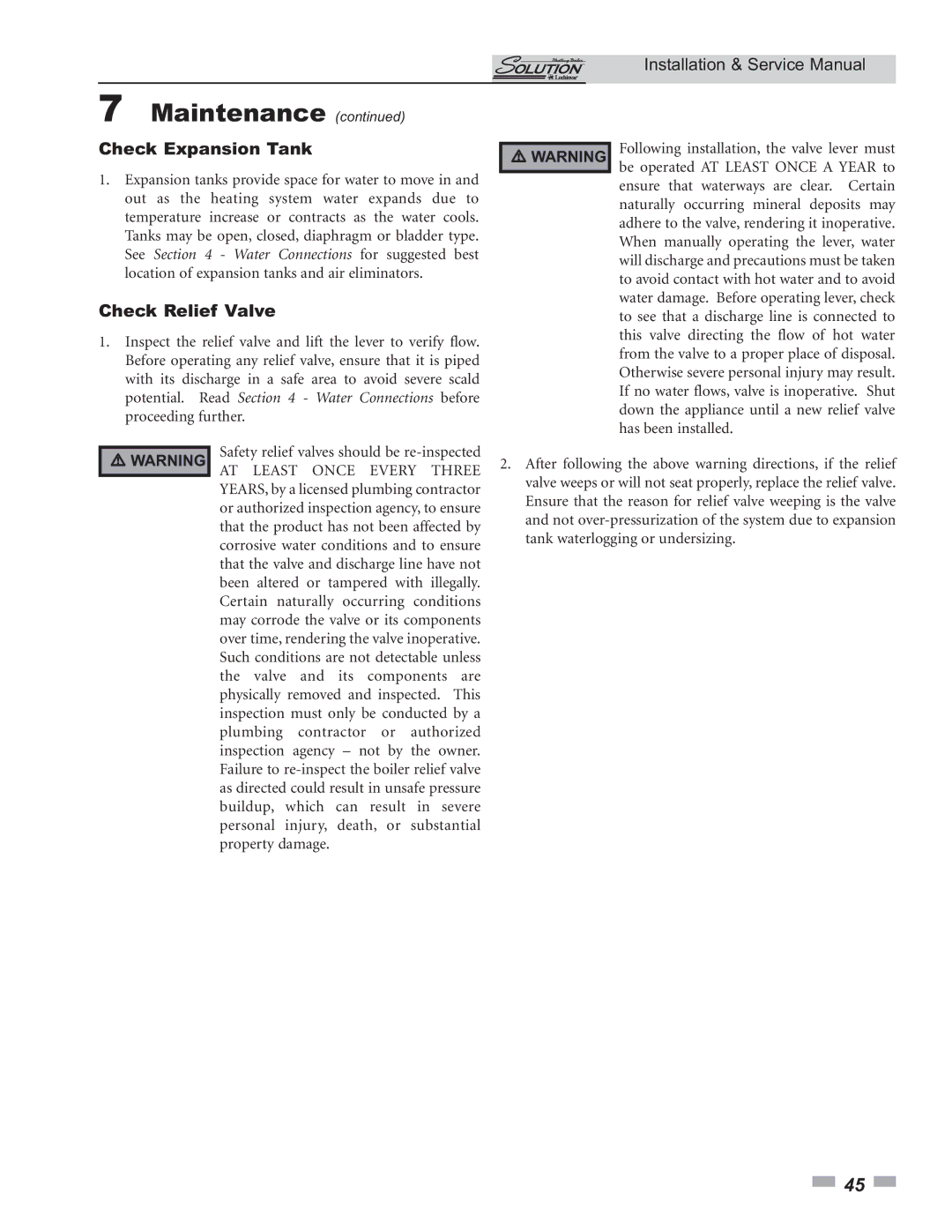 Lochinvar 45,000 - 260,000 BTU/HR service manual Check Expansion Tank, Check Relief Valve 