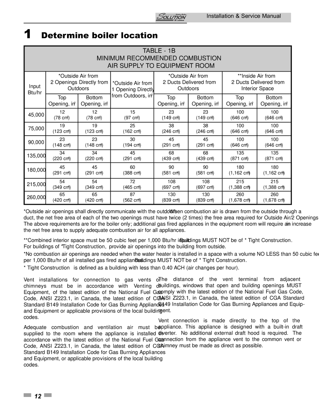 Lochinvar 45000, 260000 service manual Minimum Recommended Combustion AIR Supply to Equipment Room 