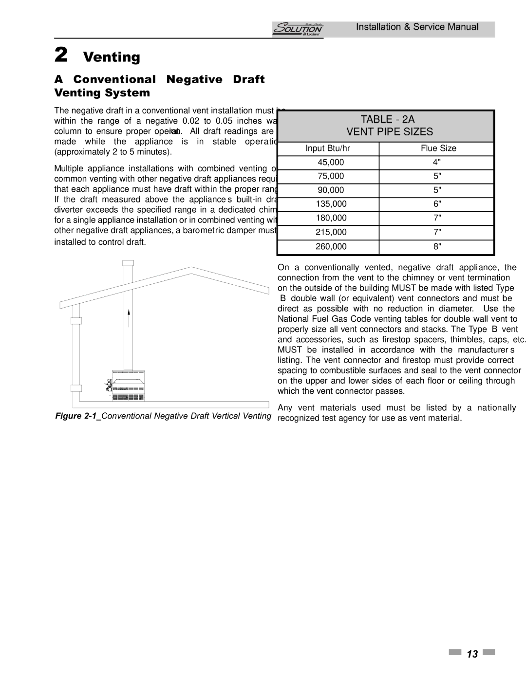 Lochinvar 260000, 45000 service manual Conventional Negative Draft Venting System, Vent Pipe Sizes 